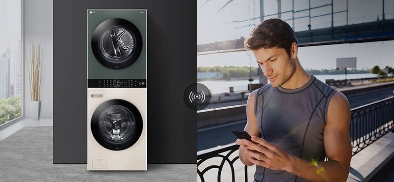 Máy giặt sấy LG Inverter 21 kg WT2116SHEG cho phép điều khiển máy giặt từ xa qua ứng dụng LG ThinQ™