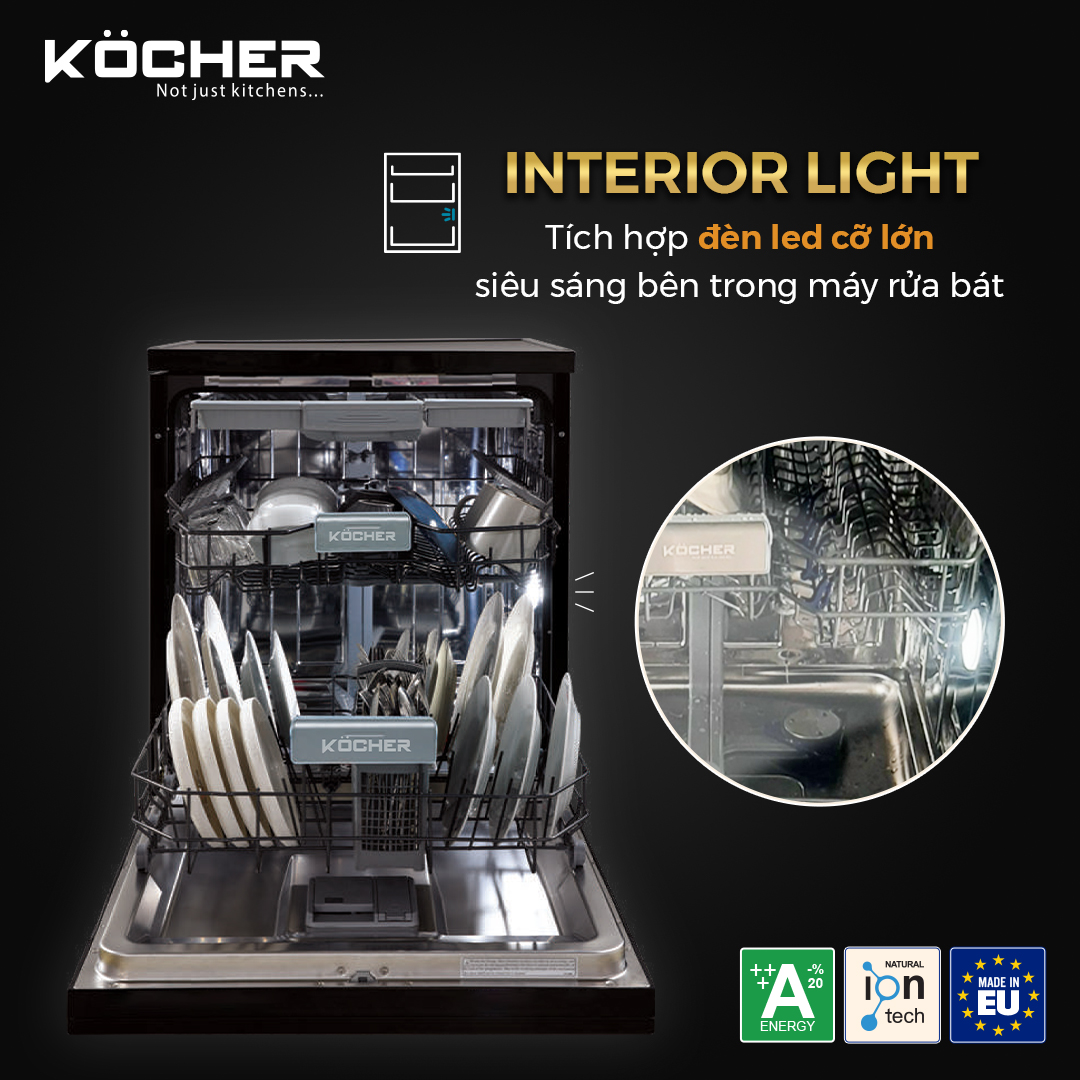 8. Máy rửa bát Kocher KDEU-8855S7 tích hợp hệ thống đèn chiếu sáng