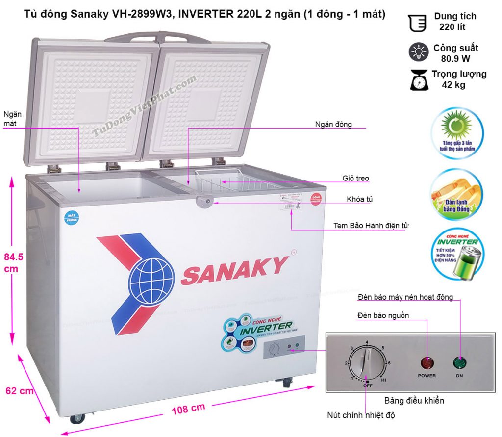 Tủ đông Sanaky VH-2899W3, 220L INVERTER 2 ngăn đông mát T5/2023