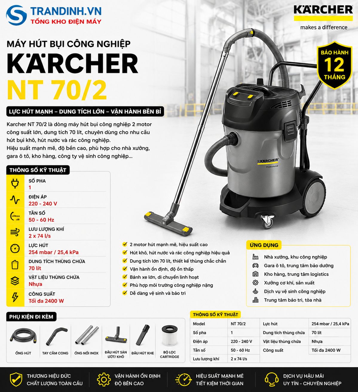 Máy hút bụi công nghiệp Karcher NT 70/2 1 Máy hút bụi công nghiệp Karcher NT 70/2