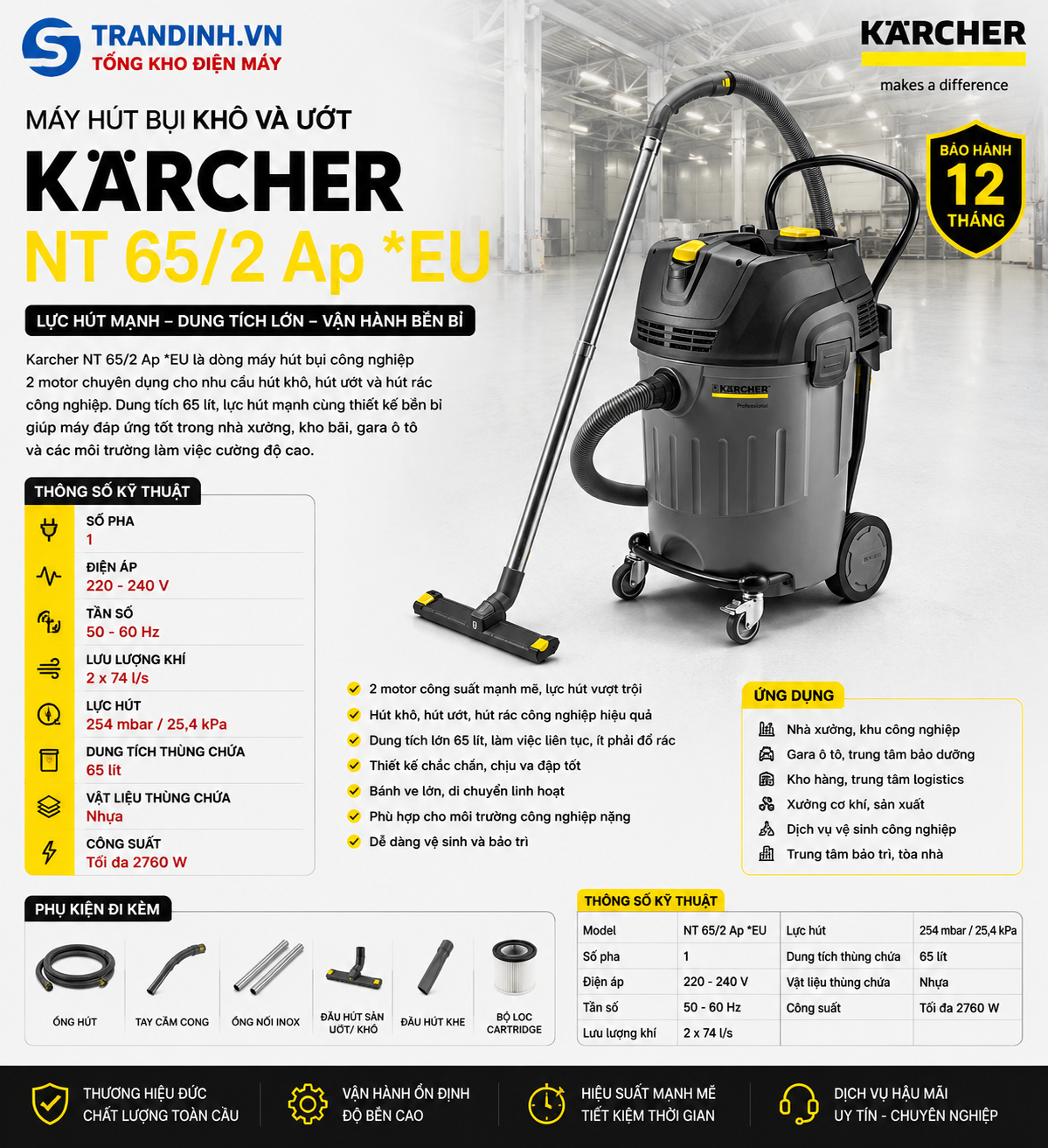 Máy hút bụi công nghiệp Karcher NT 65/2 Ap *EU 1 Máy hút bụi khô và ướt Karcher NT 65/2 Ap