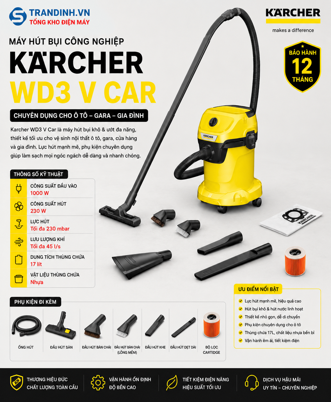 Máy hút bụi công nghiệp Karcher WD3 V Car 1 Máy hút bụi công nghiệp Karcher WD3 V Car