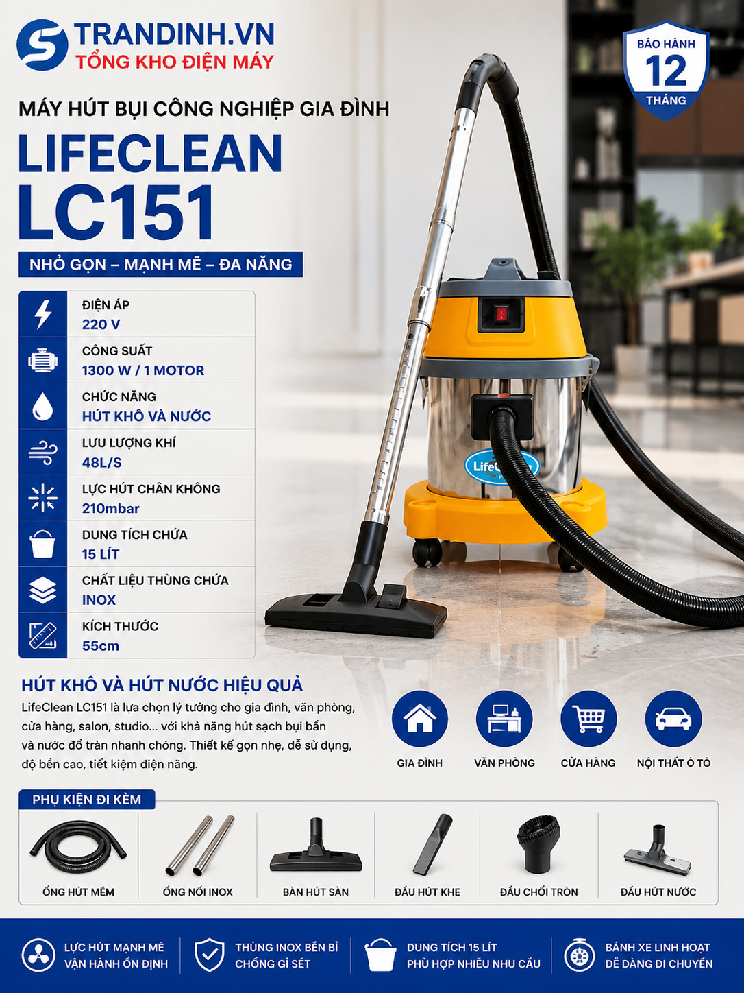 Máy hút bụi công nghiệp LifeClean LC151 3 Máy hút bụi công nghiệp gia đình LifeClean LC151