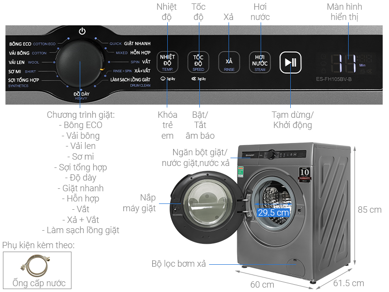 Máy giặt Sharp Inverter 10.5 kg ES-FH105BV-B