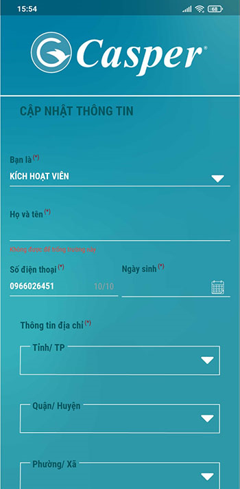 Nhập Thông Tin đăng Ký Tài Khoản điều hoà Casper