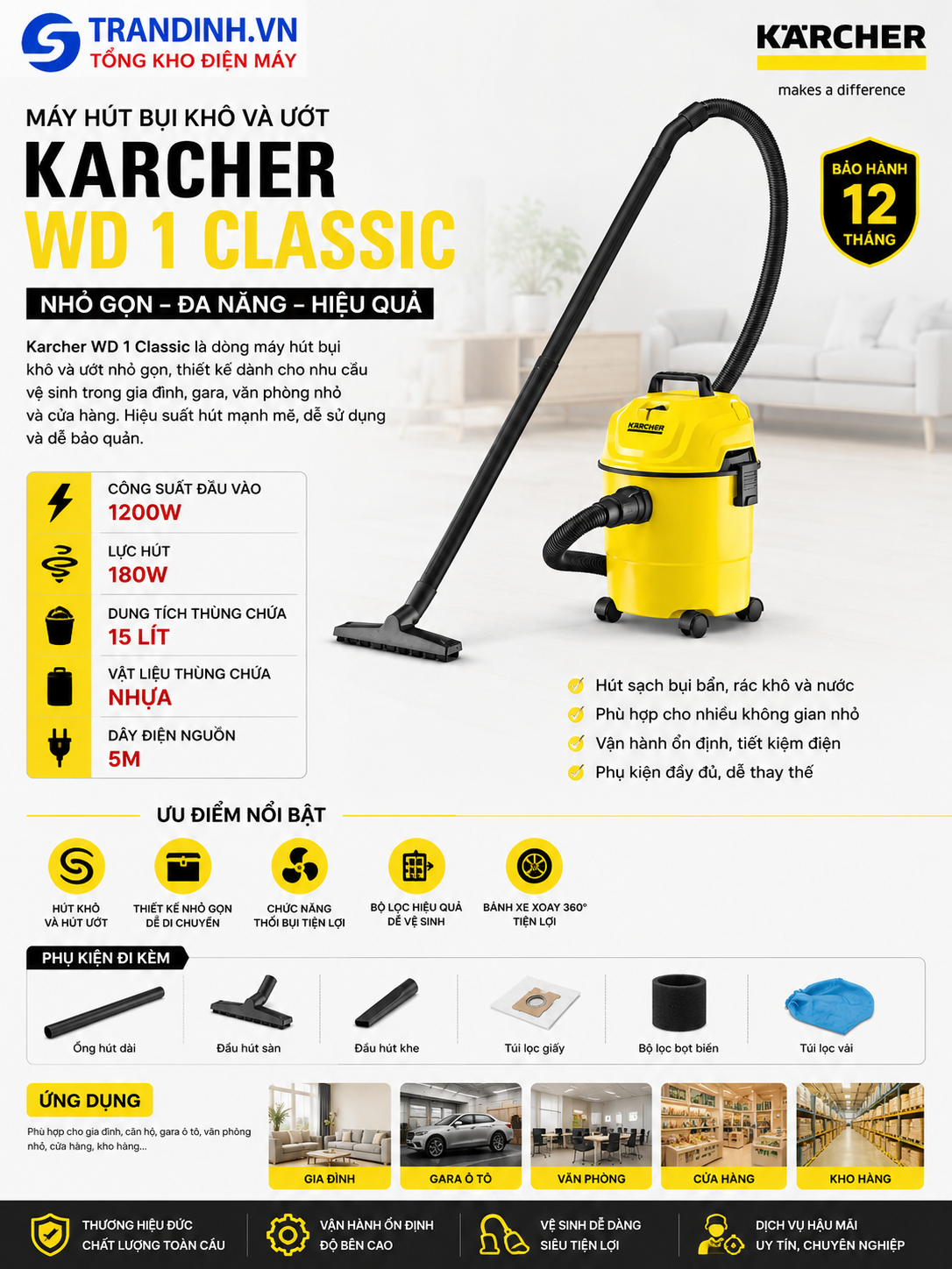 Máy hút bụi Karcher WD 1 Classic khô và ướt 1 máy hút bụi Karcher WD 1 Classic